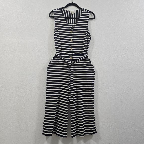 MONTEAU Womens Navy/White Striped Sleeveless Tie Button Up Crop Jumpersuit - Picture 2 of 11